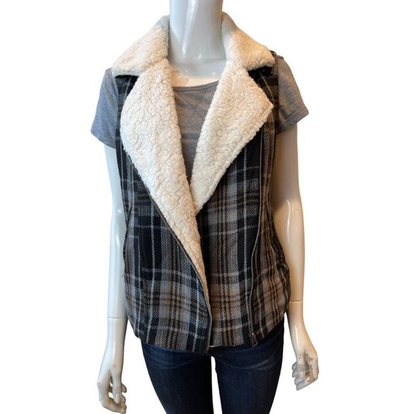 Lucky Brand Womens Plaid Sherpa Vest Jacket 7WD3108 Asymmetrical Zip Black SZ S - Picture 4 of 8